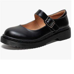 YDN Black Round Toe Mary Jane Platform Adjustable Single Ankle Strap Buckle Pump